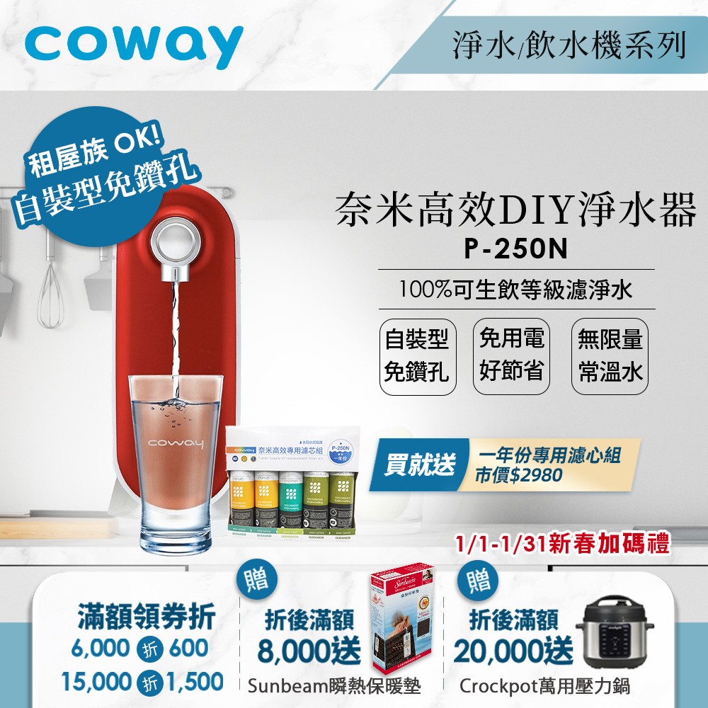 送一年份濾芯組｜Coway奈米高效淨水器｜P-250N